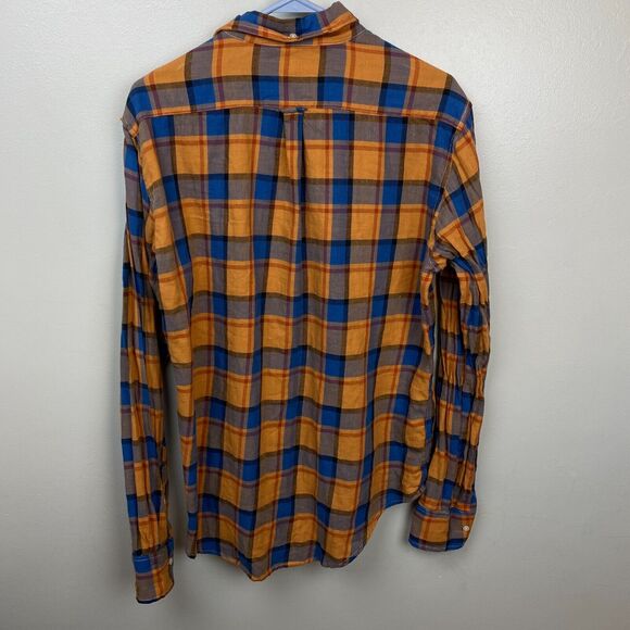 Gustin Shirt Mens L Orange Long Sleeve Button Flannel Plaid CL Missing Button - Picture 6 of 13